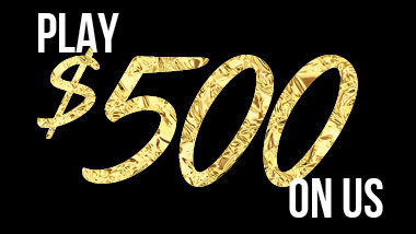 The words "Play $500 on Us" in white and gold on a black background.