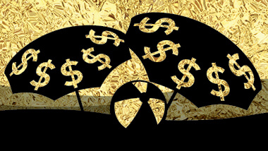 Black and gold graphic showing a beach ball in between two beach umbrellas with dollar signs on them.